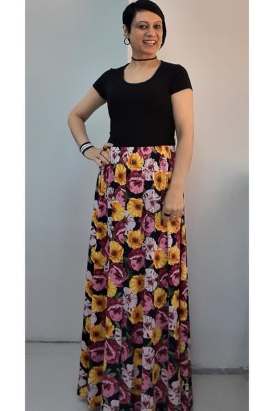 Mertcan Butik Navy Blue Pink Floral Patterned Multi-Colored 6-Piece Combed Cotton Viscose Skirt with Elastic Waist