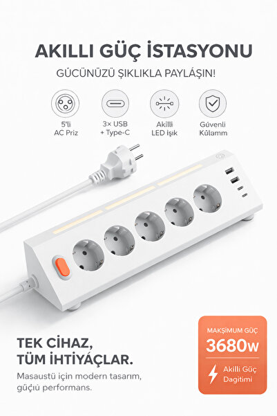 MO DOU Akıllı Priz Termal Korumalı 5’li Priz 3680W | LED Işıklı Çoklu Çoklu A...