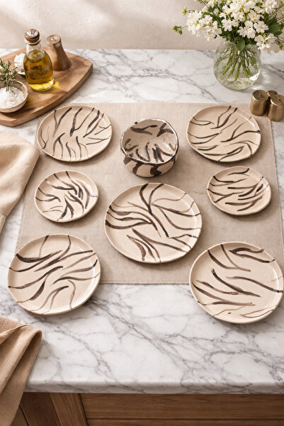 Handmade 4 kişilik Seramik el yapımı zebra desen yemek takımı