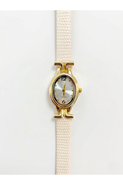 Mazzy Sihera Oval Gold Cream Leather Strap Women's Wristwatch