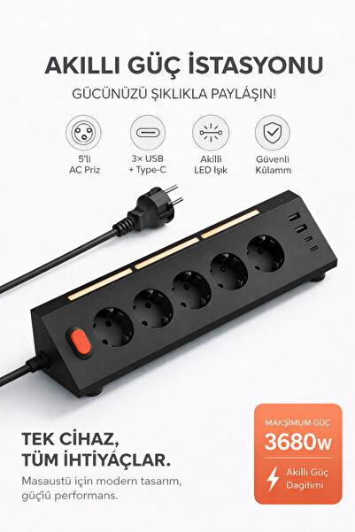 MO DOU Akıllı Priz Termal Korumalı 5’li Priz 3680W | LED Işıklı Çoklu Çoklu A...