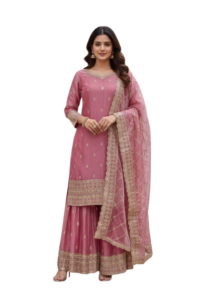 MYSMAR Pink Silk Top Bottom & Dupatta - HRT7522 - Pink