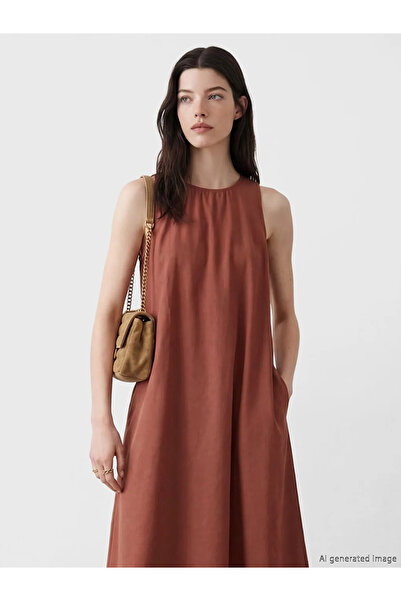 LC Waikiki LCW Comfort Πορτοκαλί Φόρεμα με λαιμόκοψη ποδηλάτου και μείγμα υφα...