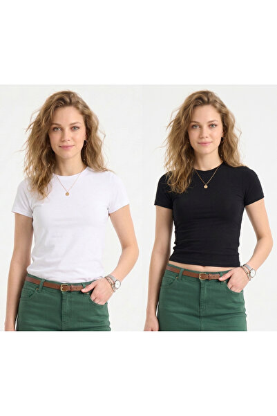 sea milano Women's Black-White 2-Piece Round Neck Short Sleeve Body-Hugging C...