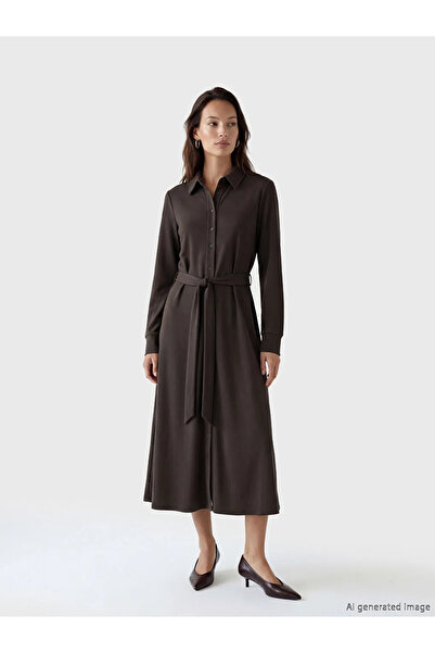 LC Waikiki LCW EVERYDAY Καφέ Μοντάλ Μείγμα με ζώνη στη μέση Πουκαμισοφόρεμα