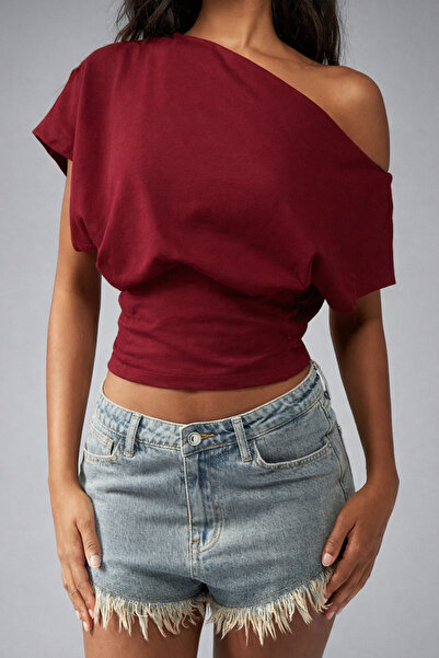 RABTEKS Women's One-Shoulder Waist-Fitted Crop Blouse Lycra Stretchy Fabric C...