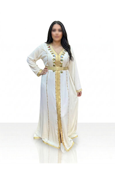 Other قفطان نسائي طويل أبيض مطرز - لباس شرقي أنيق بياقة V