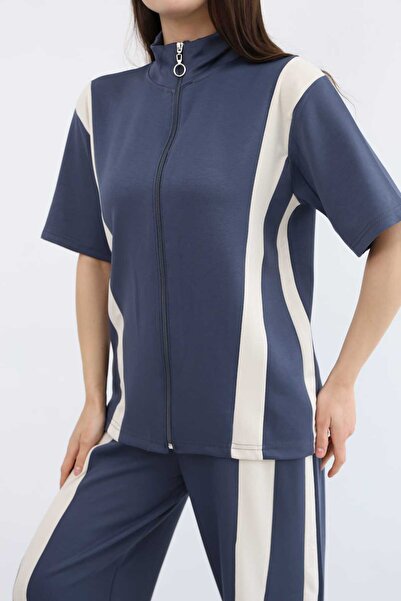 LAVRE طقم نسائي كبير الحجم من القماش المودال بتفاصيل مخططة - طقم رياضي مريح ذ...