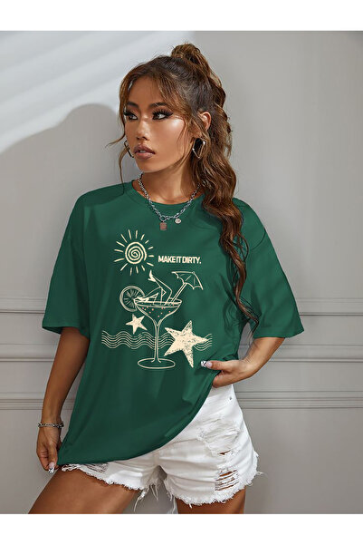 SUNFREE تي شيرت نسائي أخضر أساسي بأكمام قصيرة وياقة دائرية مطبوعة من TREND