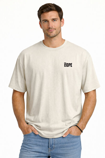 DUBU BUTİK Unisex Oversize T-Shirt 100% Cotton Beige Hope Printed Basic Loose...