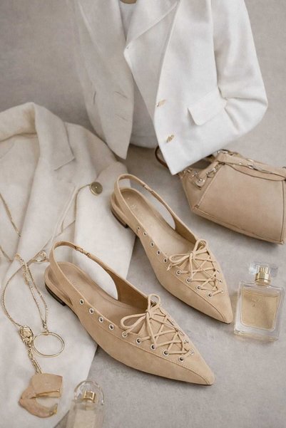 CİMİLİ SHOES Women's Beige Pointed Toe Lace-Up Ballerina Casual Orthopedic Sole Shoes