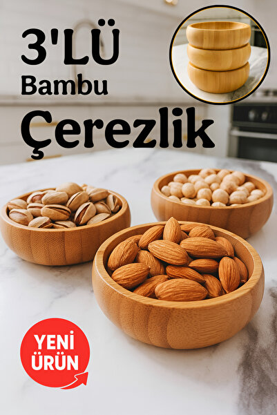 ATE GRUP Bambu 3'lı Çerezlik & Kuruyemiş Sunum Seti Yuvarlak – Doğal Ahşap Se...