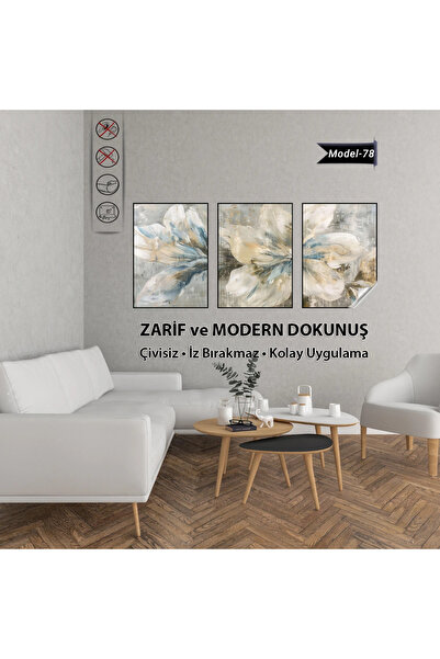 Tutunabilir Kağıt Statik Tutunma Özellikli 3’lü Çiçek Tablo Seti – Modern Dek...