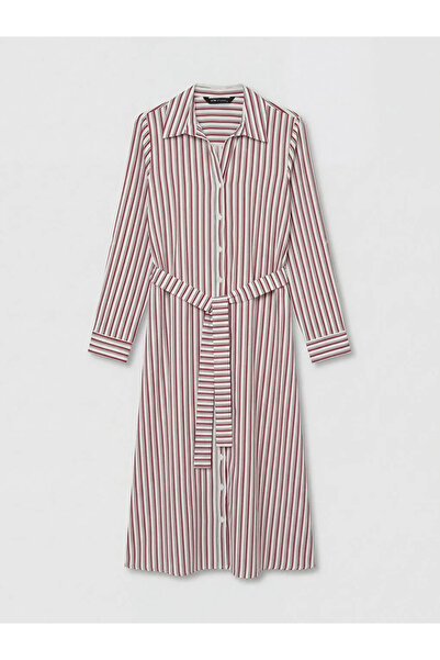 LC Waikiki LCWAIKIKI Κλασικό Κόκκινο Φόρεμα Πουκάμισο με Ρίγες και Ζώνη στη Μέση