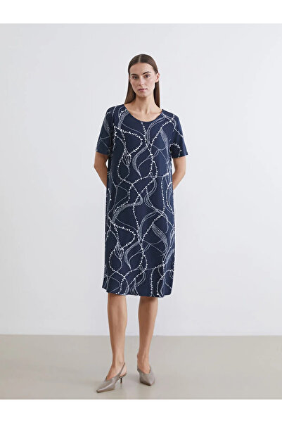 LC Waikiki Lcw Grace Navy Blue Crew Neck Patterned Dress