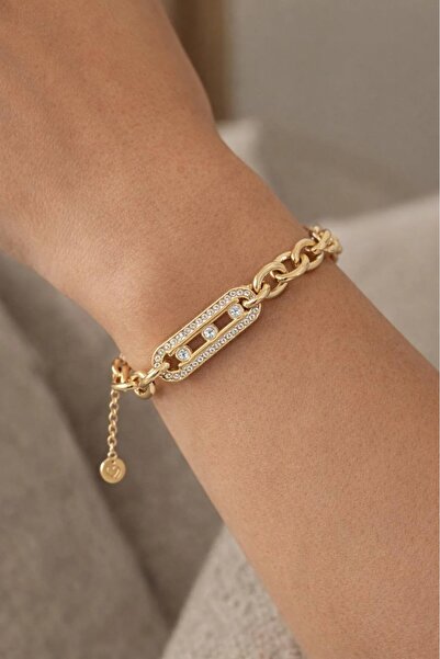 Haziran Accessory Ellipse Stone Gold Steel Chain Bracelet