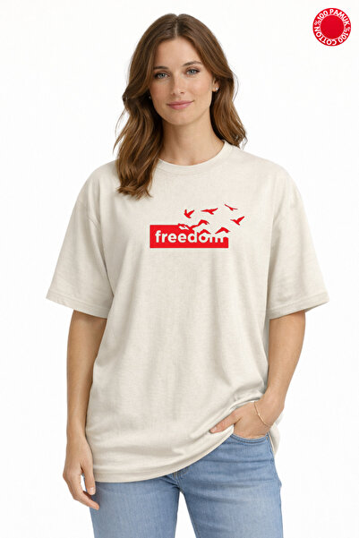 DUBU BUTİK Unisex Oversize T-Shirt 100% Cotton Beige Freedom Printed Basic Lo...