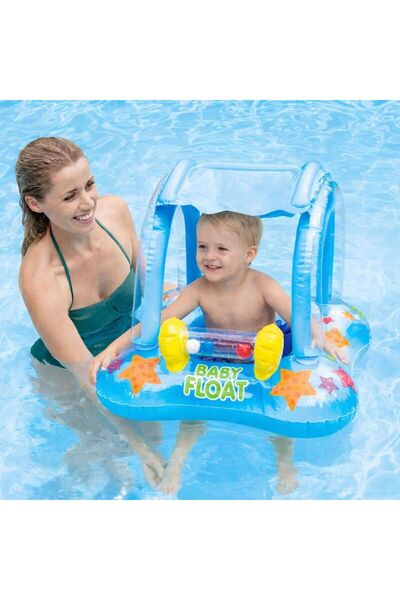 NUNU Gölgelikli Bebek Deniz Simidi Oturaklı Baby Float UV Korumalı – Mavi / P...
