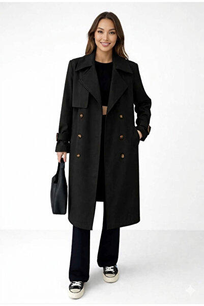 MODAF Black Color Trench Coat with Buttoned Belt and Windbreaker