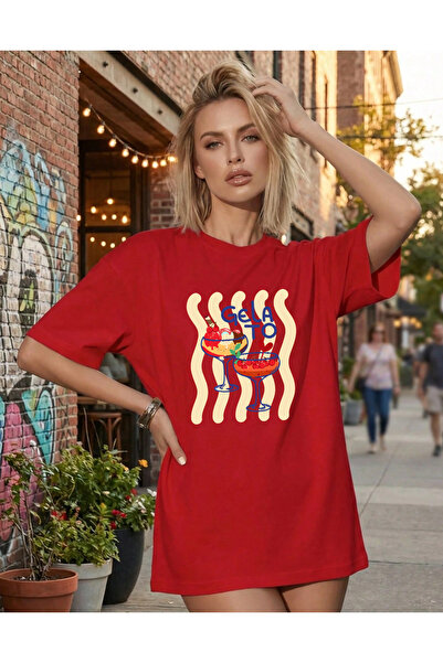 SUNFREE تي شيرت نسائي أحمر بأكمام قصيرة وياقة دائرية مطبوع عليه GELATO