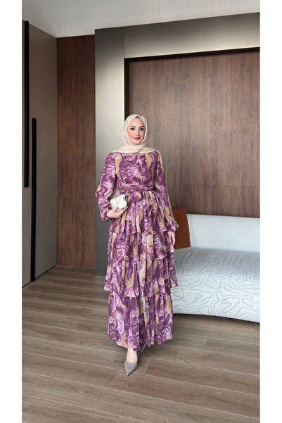 Gülsoy KAT KAT ŞİFON DESENLİ YENİ SEZON ŞIK ELBİSE