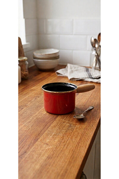 Avşar Emaye Evi̇m 13 cm Diameter 900 ml Red Enamel Sauce Pot with Wooden Hand...