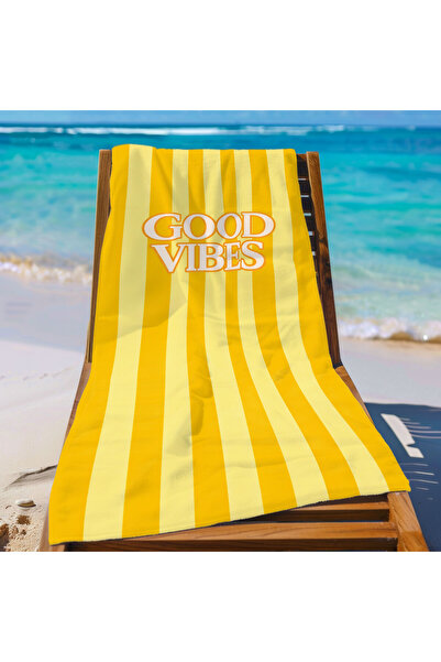 Piloji Good Vibes Yellow Striped Beach Towel 75X150 cm Quick Drying Sea and P...