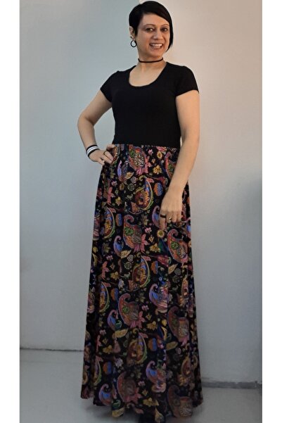 Mertcan Butik Black Shawl Patterned Multi-Colored 6-Piece Combed Viscose Skir...