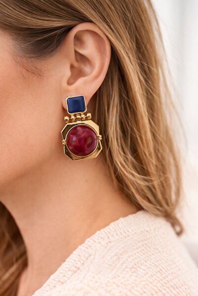 Accessories Hei Vintage Gold Kaplama Kırmızı Taşlı Küpe – Şık & Gösterişli Ak...