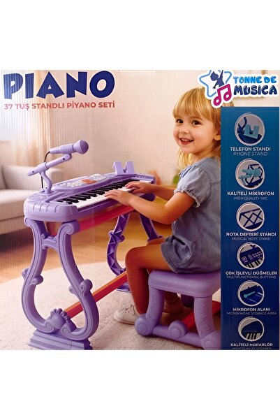 FELİTE Lila Renk Ayaklı Tabureli 37 Tuşlu Piyano Oyuncak Yerli Üretim Kız Çoc...