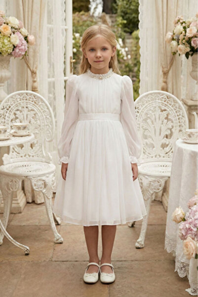 Pamina Girl's Evening Dress Long Sleeve Chiffon Dress and Brooch Detailed Mod...
