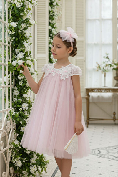 Pamina Powder Girl's Lace Collared Tulle Evening Dress, Luxurious Wedding, Bi...