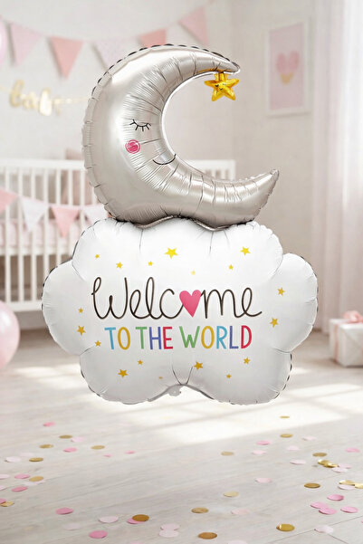 Baloncu Dede Ay Bulut Welcome Folyo Balon 81 cm Gümüş Beyaz Baby Shower Doğum...
