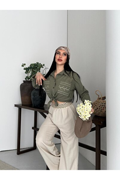 Captival Women's Khaki Embroidered Tie-Up Shirt - Pocket Embroidered Ethnic P...