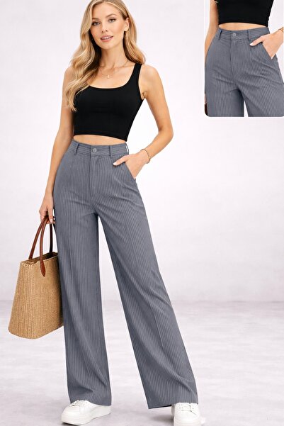 CALEMORE Γυναικείο παντελόνι Palazzo Λευκό ριγέ Μαύρο Oversize Ψηλόμεσο