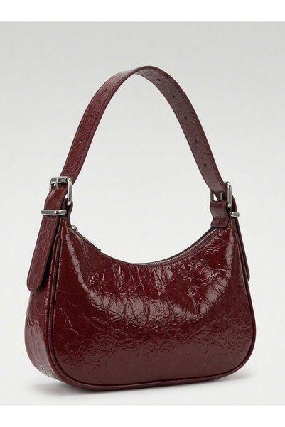 ser arte Women's Patent Leather Baguette Bag with Zipper Closure and Strap Detail, Burgundy