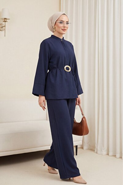 Modamorfo Cupra Suit with Belted Waist and Half-Buttoned Trousers - Navy