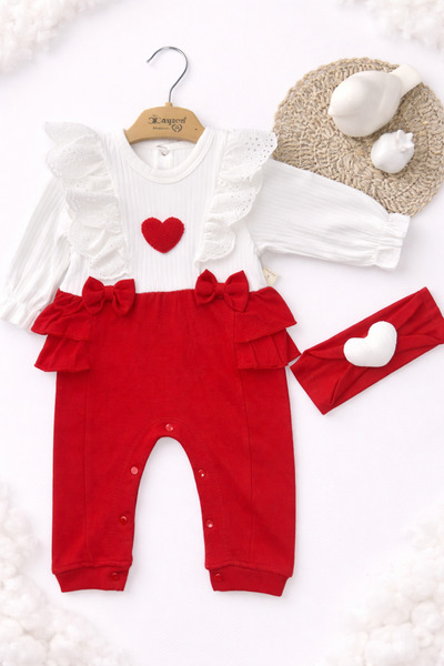 ASLİN STORE Cotton Baby Girl Heart Bandana Jumpsuit Set
