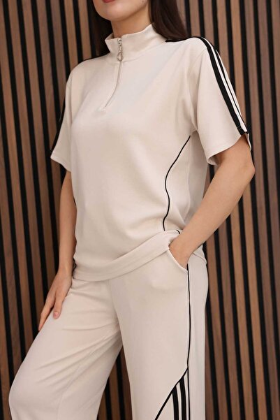 LAVRE Kadın Oversize Yarım Fermuarlı Şerit Detaylı Yumuşak Dokulu Modal Eşofm...