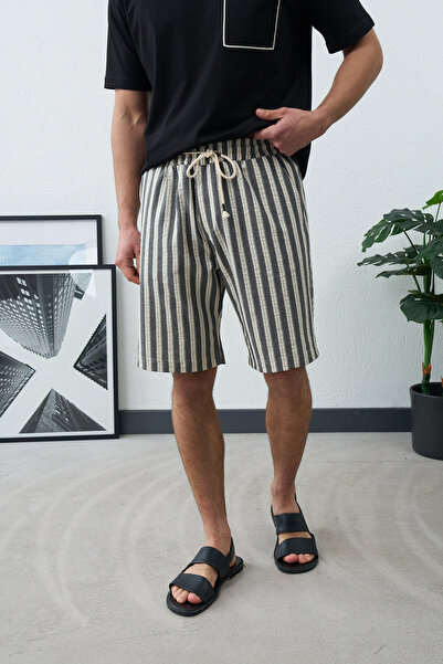 İLKCET MODA Striped Black Casual Comfortable Cut Men's Shorts
