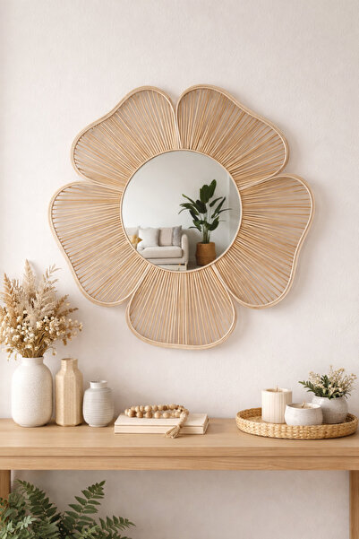 Gunwood El Yapımı Rattan Çiçek Ayna | Büyük Boy Bohem Duvar Dekoru | Doğal & ...