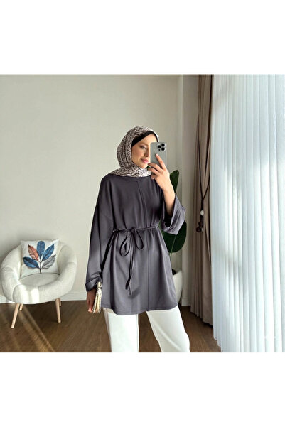 RFK Butik Kadın Dikiş Detaylı Oy.sho Kumaş Yırtmaçlı Tunik - Füme