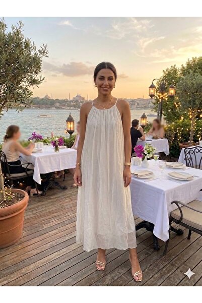 AYASOFYA OTANTIK Women's Italian Beige Plain Pattern Lined Strap Silk Dress