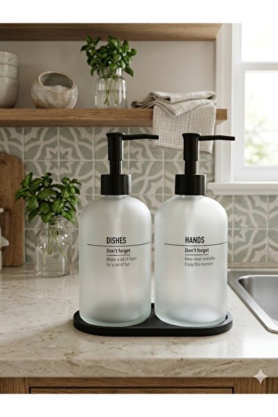 WARDY Set of 2 Countertop Liquid Soap Dispensers with Black Wooden Stands 500...