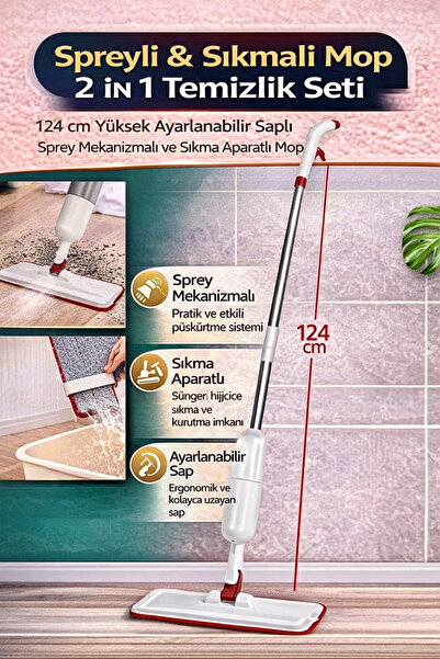 Hane Dostu Spreyli & Sıkmalı Mop 2in1 Temizlik Seti Ayarlanabilir Saplı Prati...