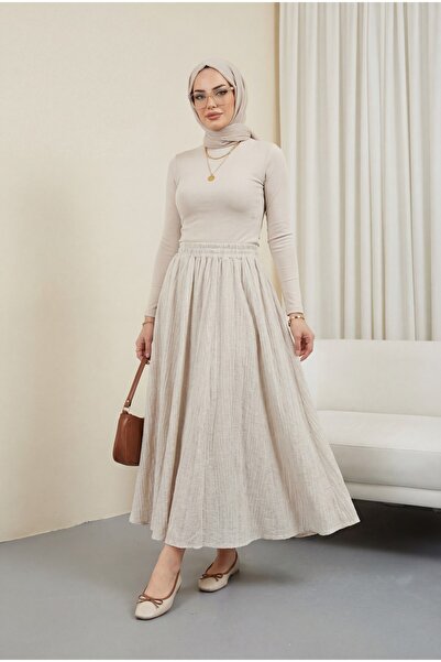 Modamorfo Elastic waist lined long waffle skirt - stone