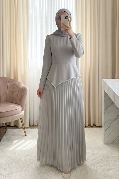 Modamorfo Beli Asymmetrical Cut Stone Skirt Pleated Crepe Dress -Stone