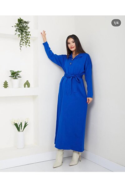 moda dıcasso Cold Yarn Non-Pilling Polo Collar Belted Buttoned Dress