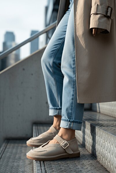 DİVOLYA Pantofi Loafer din piele intoarsa bej Naty, cu toc de 2 cm, cu varf r...