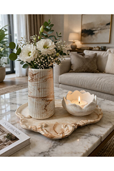 StoneVia Mermer Desenli Dekoratif Tepsi Seti – Vazo ve Mumluklu Şık Salon Aks...